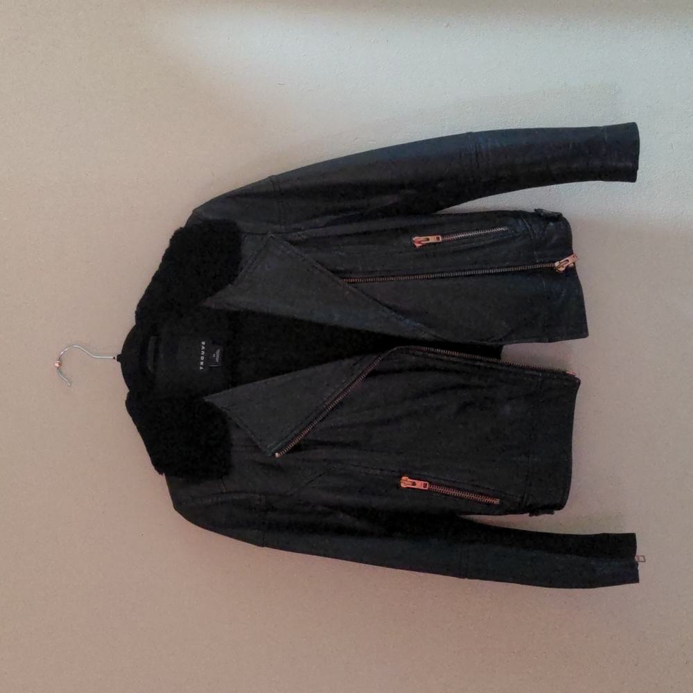 Trouvé Genuine Leather Jacket with Shearling Collar and Rose Gold Hardware